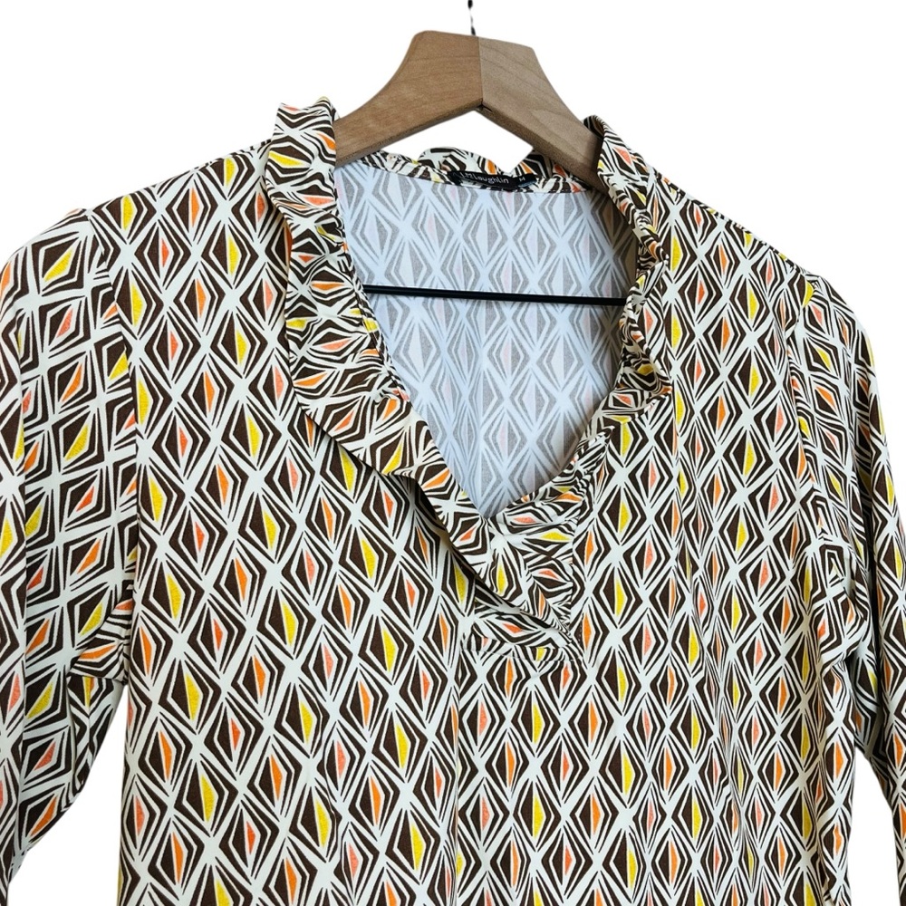 J McLaughlin Durham Knit Ruffle Neck Catalina Cloth Geo Print Blouse Size Medium - Picture 2 of 5